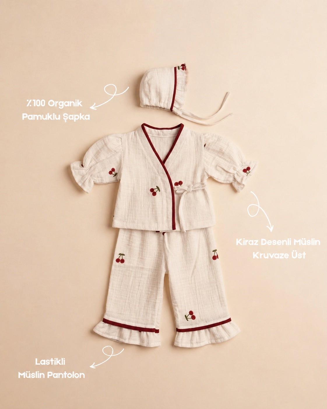 Cherry Serisi | Müslin Bebek Takımı | %100 Pamuk | 3'Lü Set