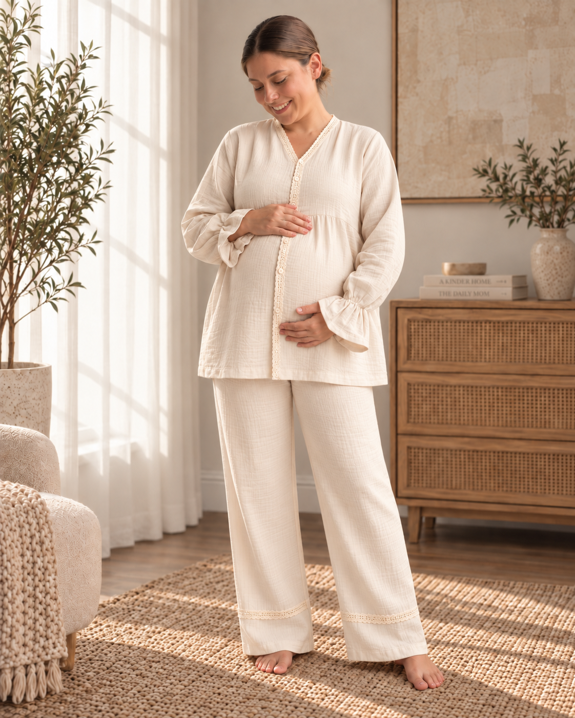 Cream Nest Anne Takımı – Dantel Detaylı Müslin Kadın Takım