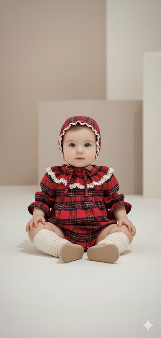 Ekose Romper – Bonnetli Vintage Ekose Bebek Tulum