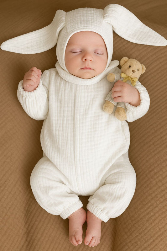 Dört katlı ekru müslin tulum ve kulaklıklı şapka seti, yenidoğan bebekler için tasarlanmıştır.