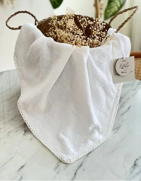 %100 Organik Müslin Dantelli Bebek Battaniyesi | Beyaz