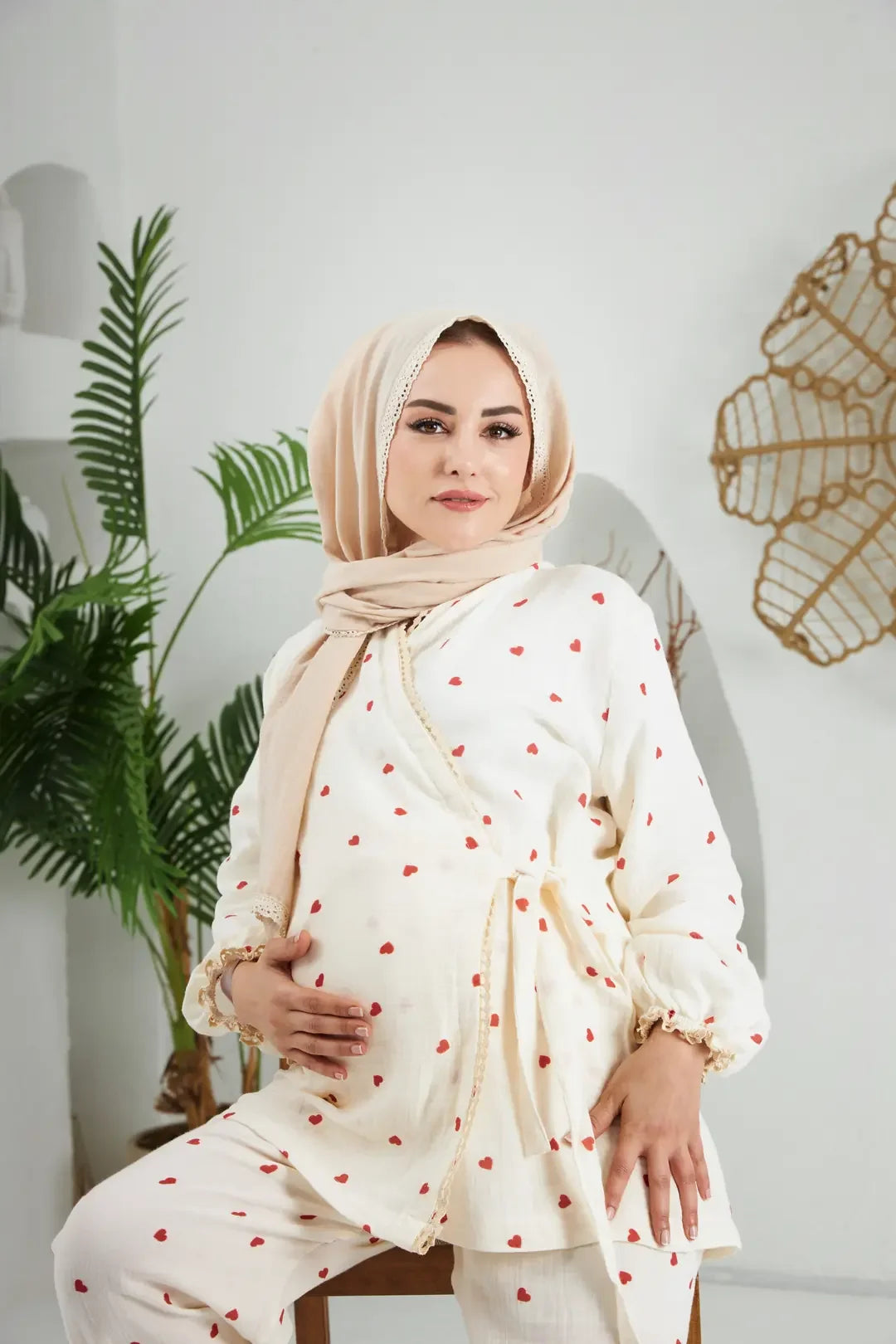 Lohusa Takımı | Alt Üst Pijama Takım | Kırmızı Kalp |Love Serisi