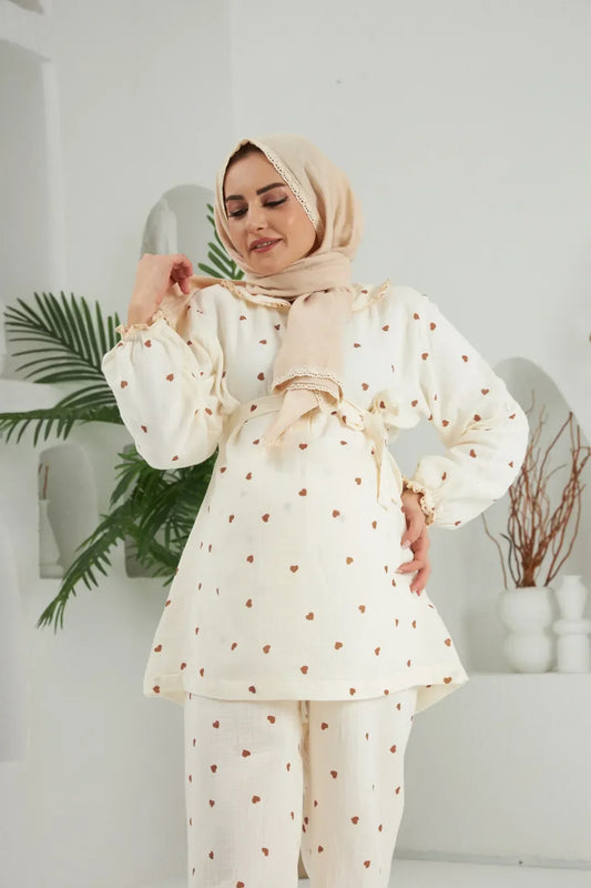 Bebe Yaka Pijama Takımı | Lohusa Takımı | Kahverengi Kalp | Love Serisi