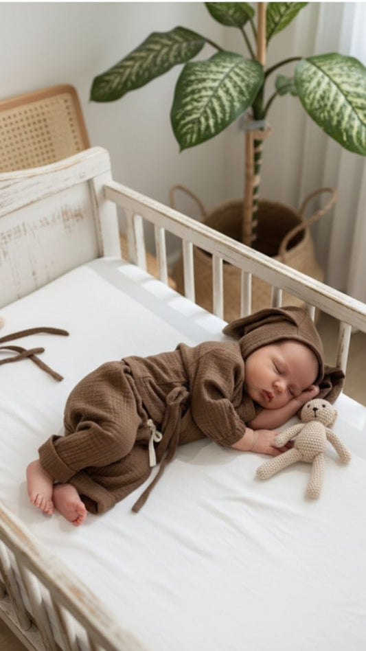 Kahverengi pamuklu müslin kumaştan erkek bebek 3'lü alt üst takım ve tavşan kulaklı şapka