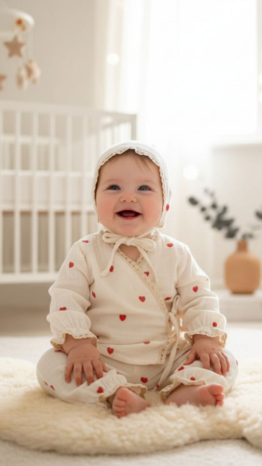 Beyaz kruvaze üst, pantolon ve şapka içeren %100 pamuk müslin bebek 3'lü takım.