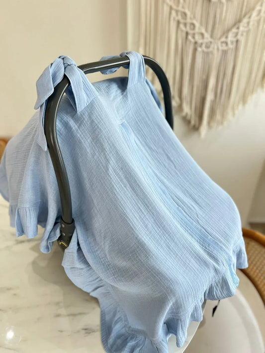 Bebe mavisi renkli, %100 pamuk çift katlı müslin puset örtüsü.