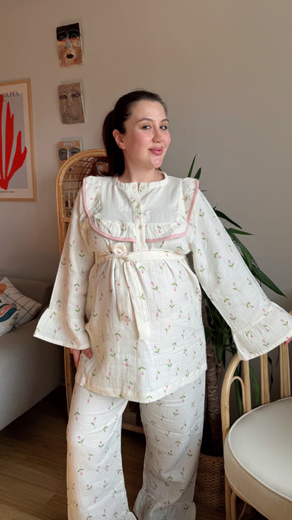 Lale Serisi Müslin Anne Pijama Takımı – %100 Pamuk /Önden Düğmeli Model