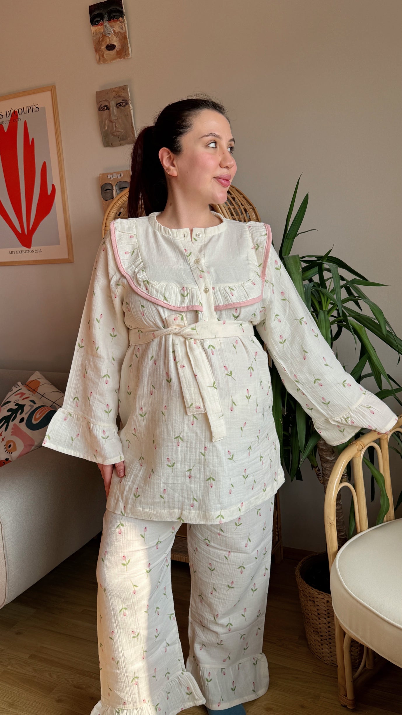 Lale Serisi Müslin Anne Pijama Takımı – %100 Pamuk /Önden Düğmeli Model