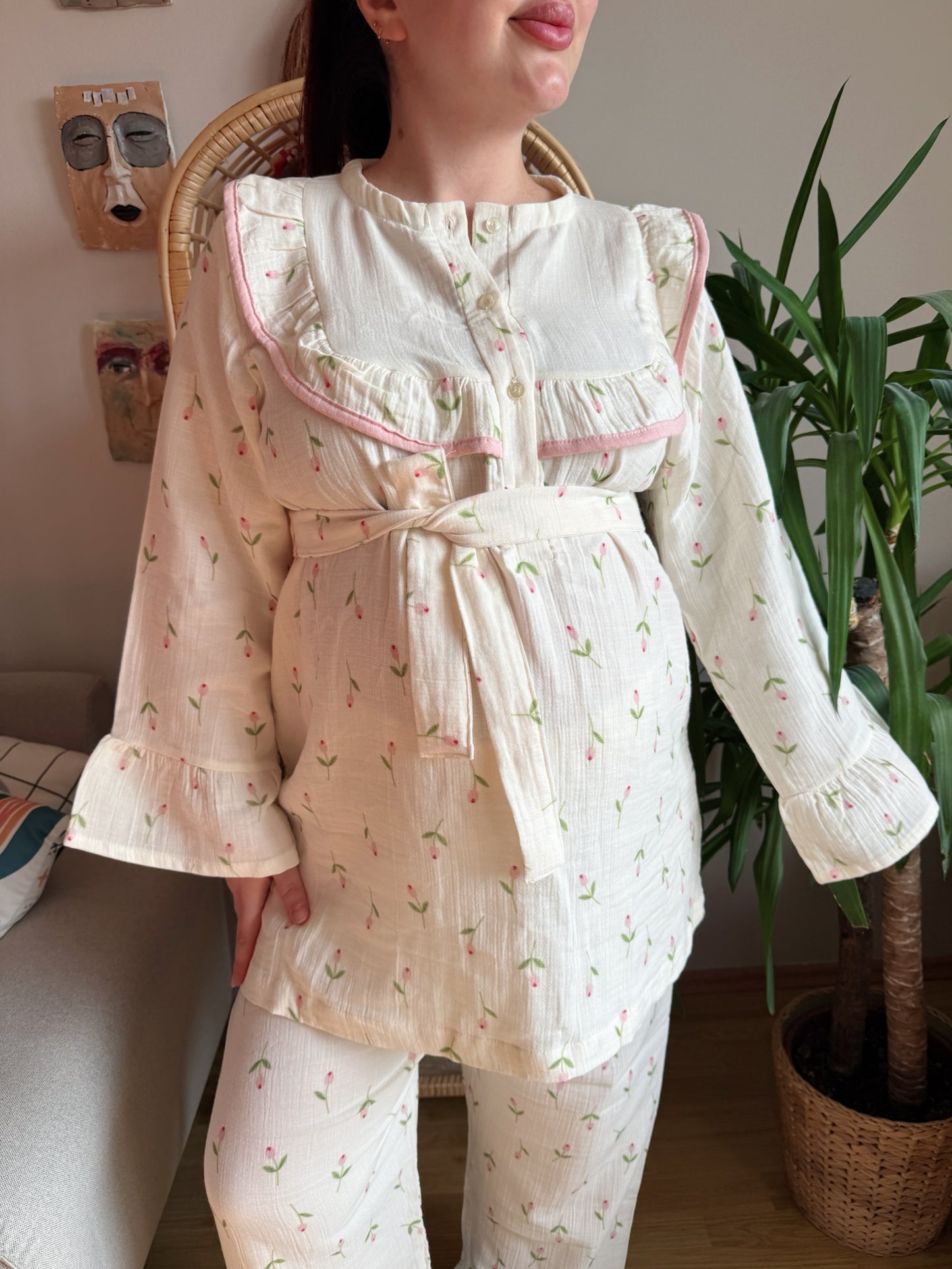 Lale Serisi Müslin Anne Pijama Takımı – %100 Pamuk /Önden Düğmeli Model