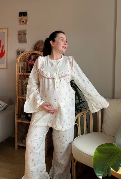 Lale Serisi Müslin Anne Pijama Takımı – %100 Pamuk /Önden Düğmeli Model