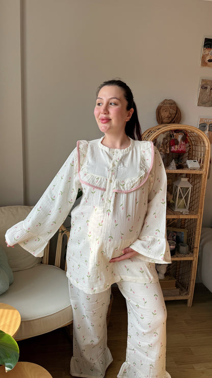 Lale Serisi Müslin Anne Pijama Takımı – %100 Pamuk /Önden Düğmeli Model