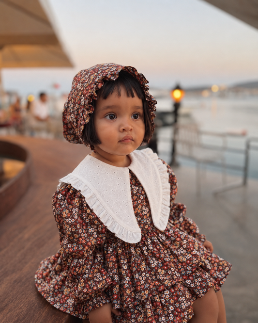 Autumn Dress – Çiçekli Fırfırlı Kız Bebek Elbise & Bonnet Şapka