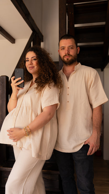 Bej Anne - Baba Takım Seti, doğal müslin kumaşla tasarlanmış rahat ve şık bir kombin.