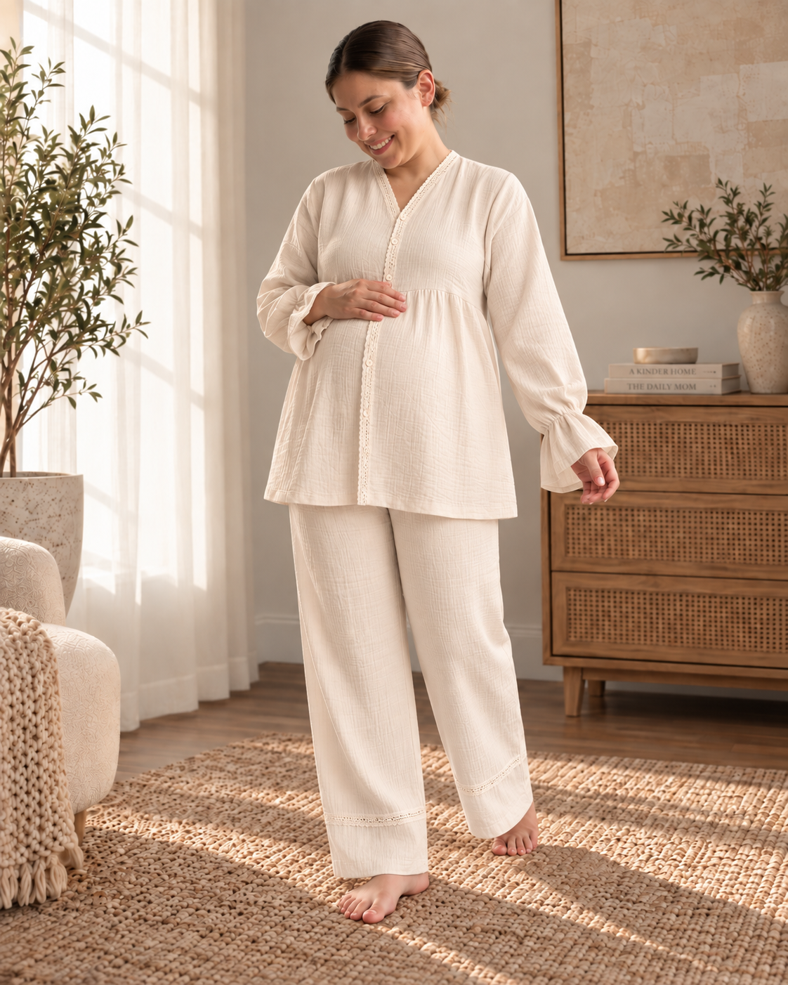 Cream Nest Anne Takımı – Dantel Detaylı Müslin Kadın Takım