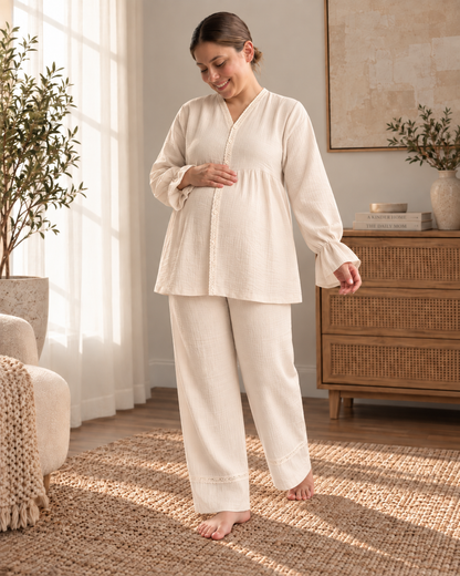 Cream Nest Anne Takımı – Dantel Detaylı Müslin Kadın Takım