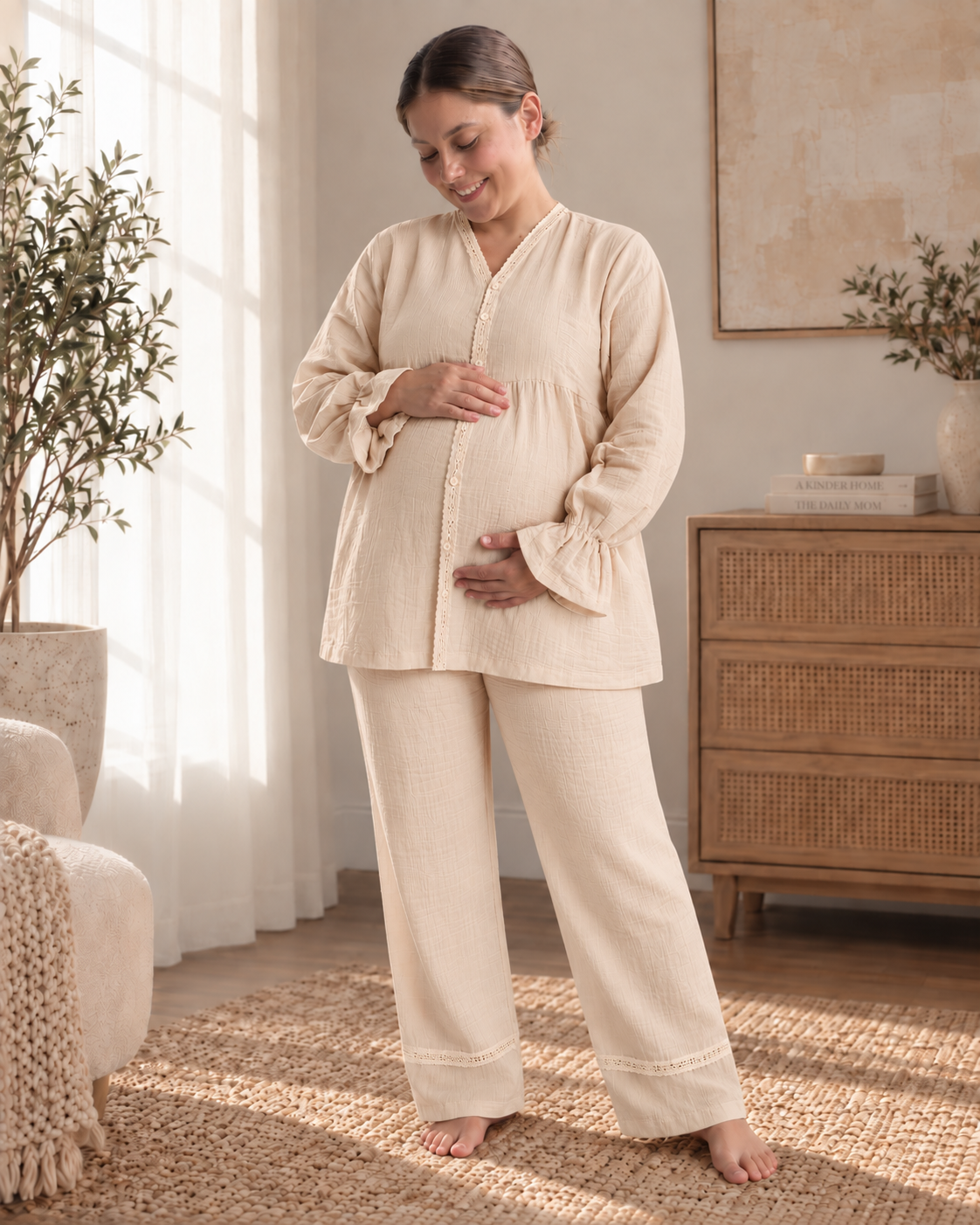 Cream Nest Anne Takımı – Dantel Detaylı Müslin Kadın Takım