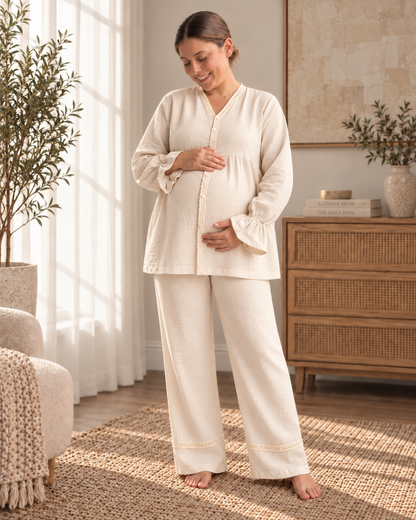 Cream Nest Anne Takımı – Dantel Detaylı Müslin Kadın Takım