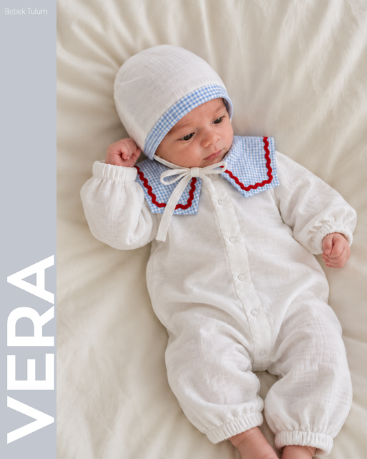(Ön Sipariş 10 Gün) Vera Baby Tulum I Mavi I Müslin Bebek Tulum ve Bonnet Şapka Takımı