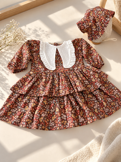 Autumn Dress – Çiçekli Fırfırlı Kız Bebek Elbise & Bonnet Şapka