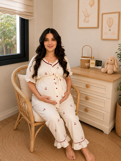 Cherry Mom Kirazlı Lohusa Pijama Takımı – Emzirme Uyumlu Anne Takımı
