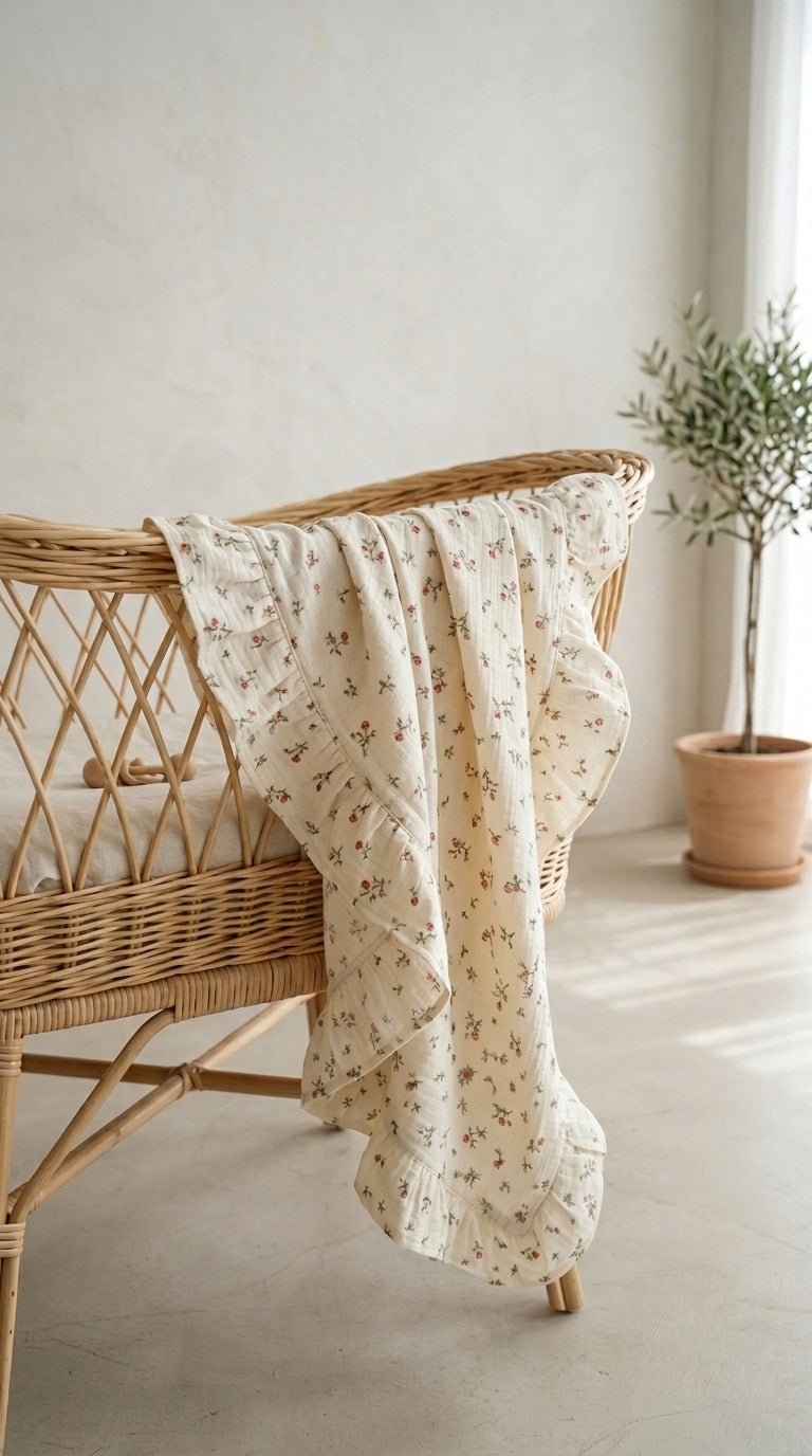 Flowers Fırfırlı Premium Bebek Battaniyesi – %100 Müslin Pamuk