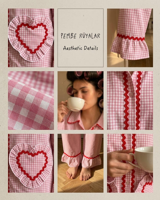 (Ön sipariş ile 10 gün) Vera Pembe Pötikare Anne Takım | Kalp Cep Detaylı Kadın Takım