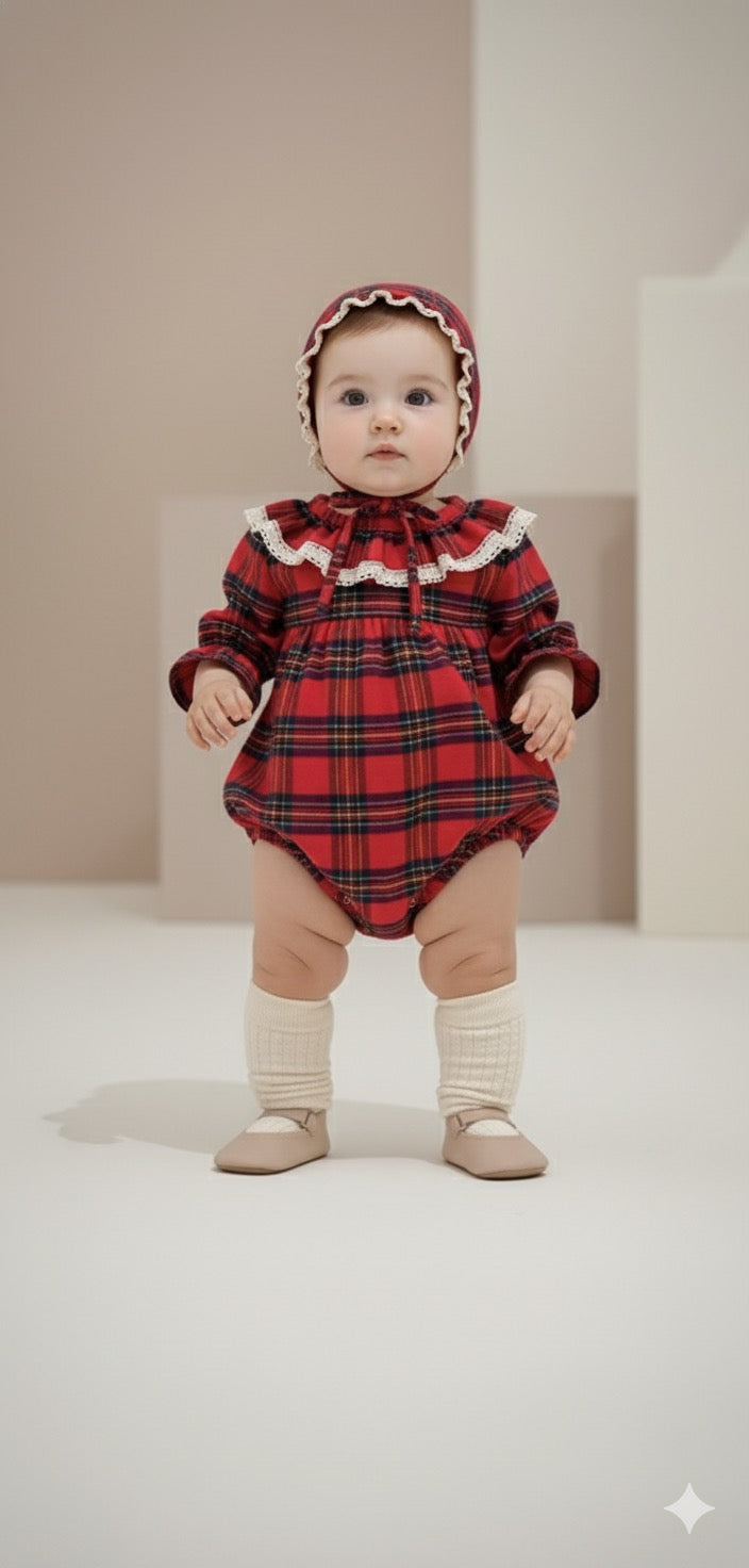 Ekose Romper – Bonnetli Vintage Ekose Bebek Tulum