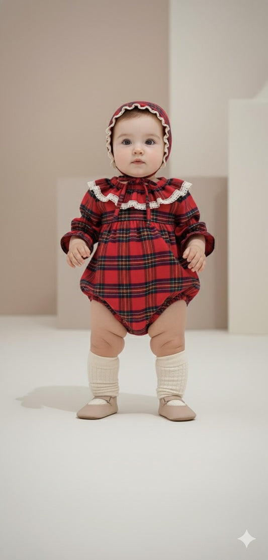 Ekose Romper – Bonnetli Vintage Ekose Bebek Tulum