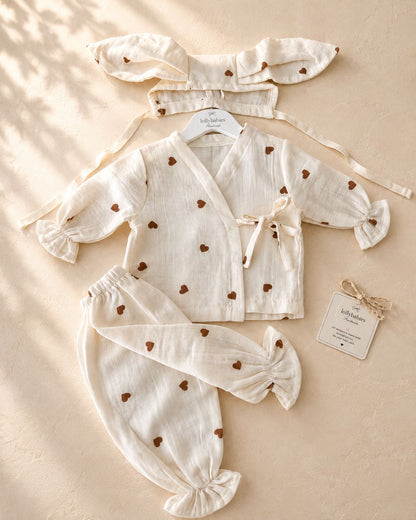 Kahve Kalpli Müslin Kimono Bebek Takımı – Bonnetli 3’lü Set