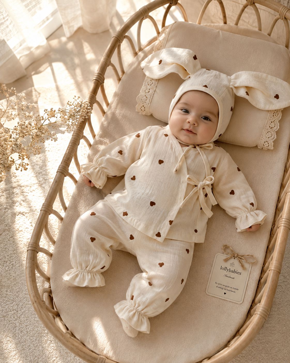 Kahve Kalpli Müslin Kimono Bebek Takımı – Bonnetli 3’lü Set