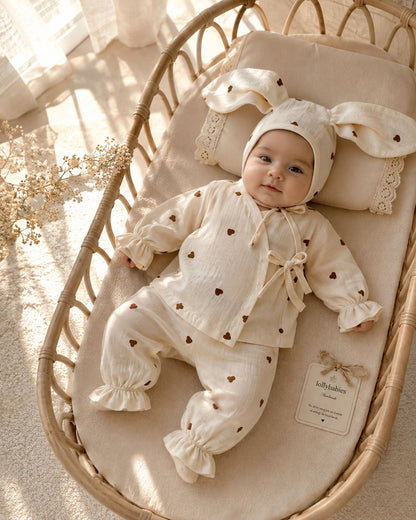 Kahve Kalpli Müslin Kimono Bebek Takımı – Bonnetli 3’lü Set