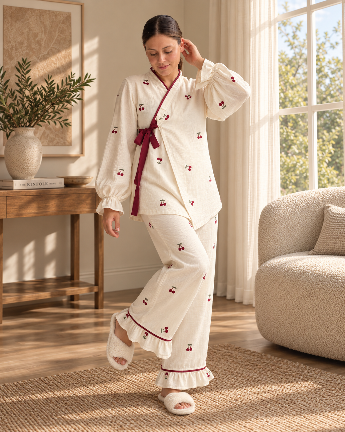 Cherry Bordeaux Anne Takımı – Kiraz Desenli Bordo Biyeli