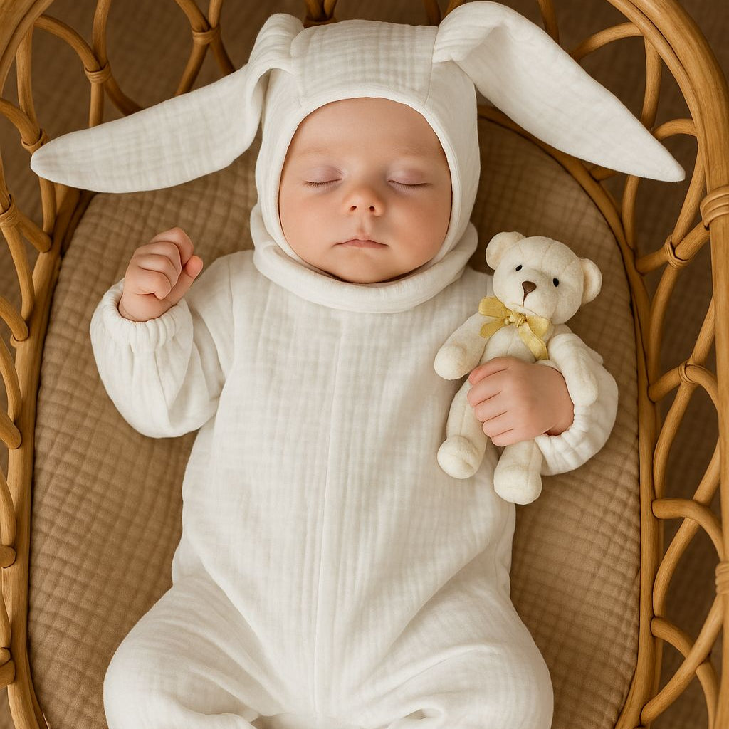 Dört katlı ekru müslin tulum ve kulaklıklı şapka seti, yenidoğan bebekler için.
