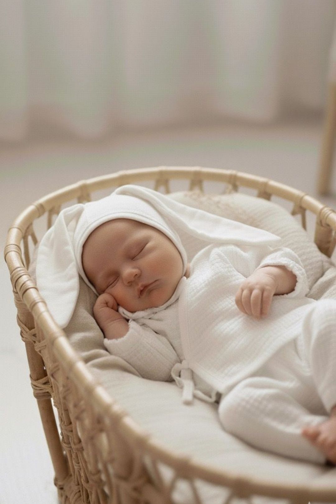 Beyaz erkek bebek alt üst takımı, kruvaze yaka body ve tavşan kulaklı şapka içerir.