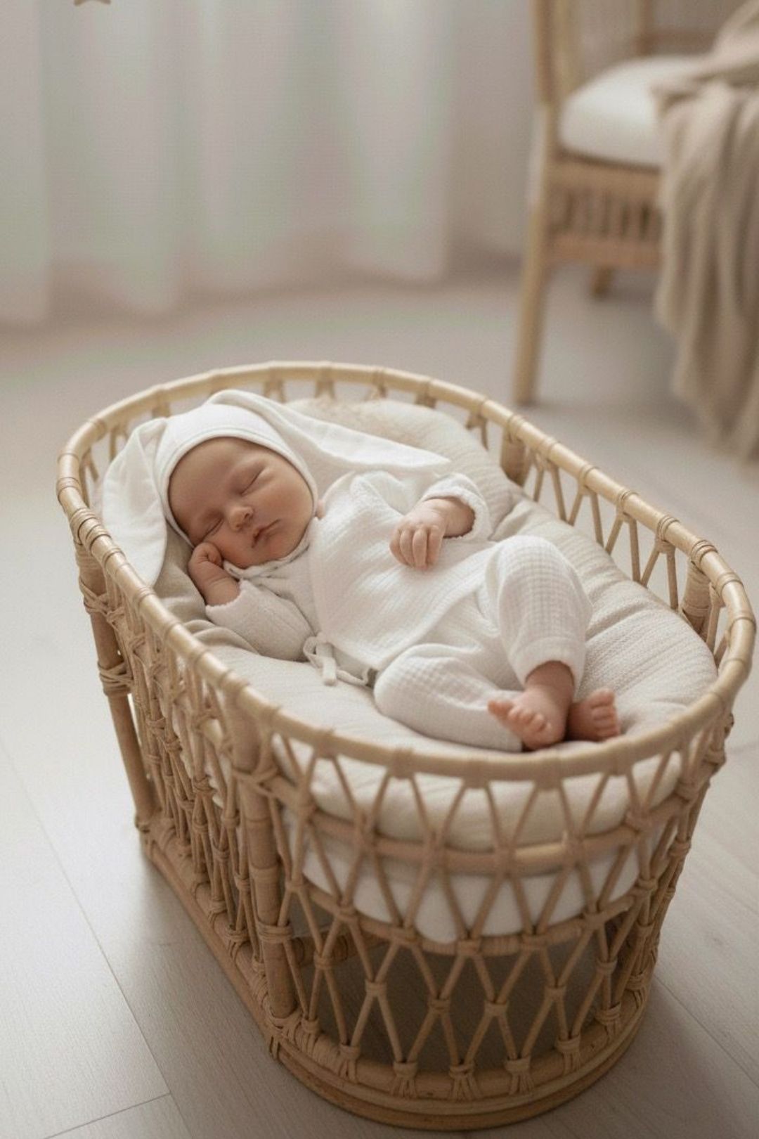 Beyaz, üç parçadan oluşan erkek bebek takımı; body, alt giyim ve tavşan kulaklı şapka içerir.