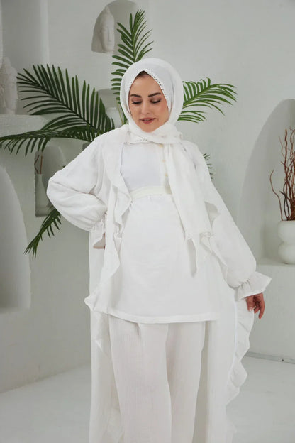Pijama Takımı 3'lü Set | Sabahlık | Beyaz| Angel Serisi