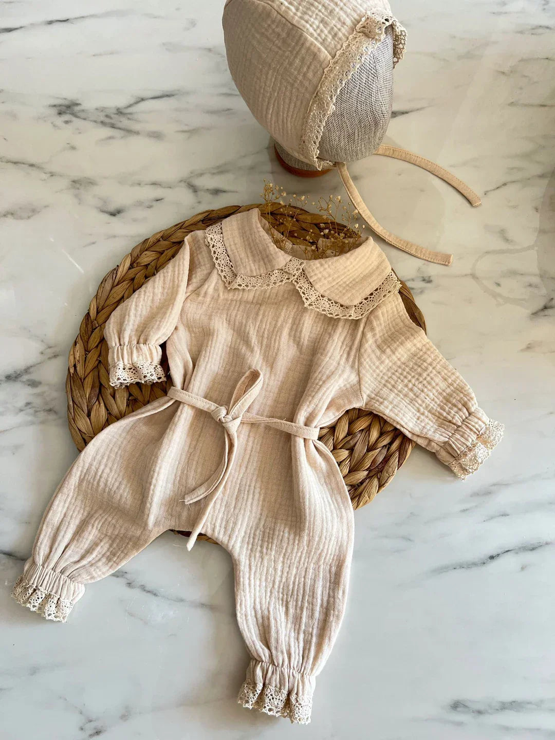 Kız Bebek Dantelli Vintage Müslin Tulum 2'li Set| Krem | Yenidoğan & Bebek Giyim