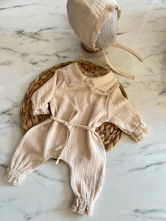 Kız Bebek Dantelli Vintage Müslin Tulum 2'li Set| Krem | Yenidoğan & Bebek Giyim