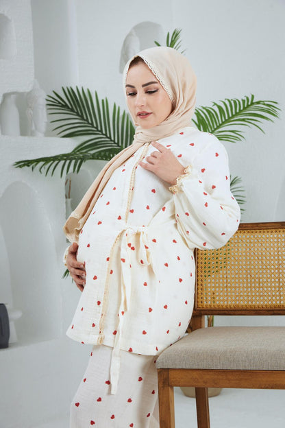 Lohusa Takımı | Alt Üst Pijama Takım | Kırmızı Kalp |Love Serisi