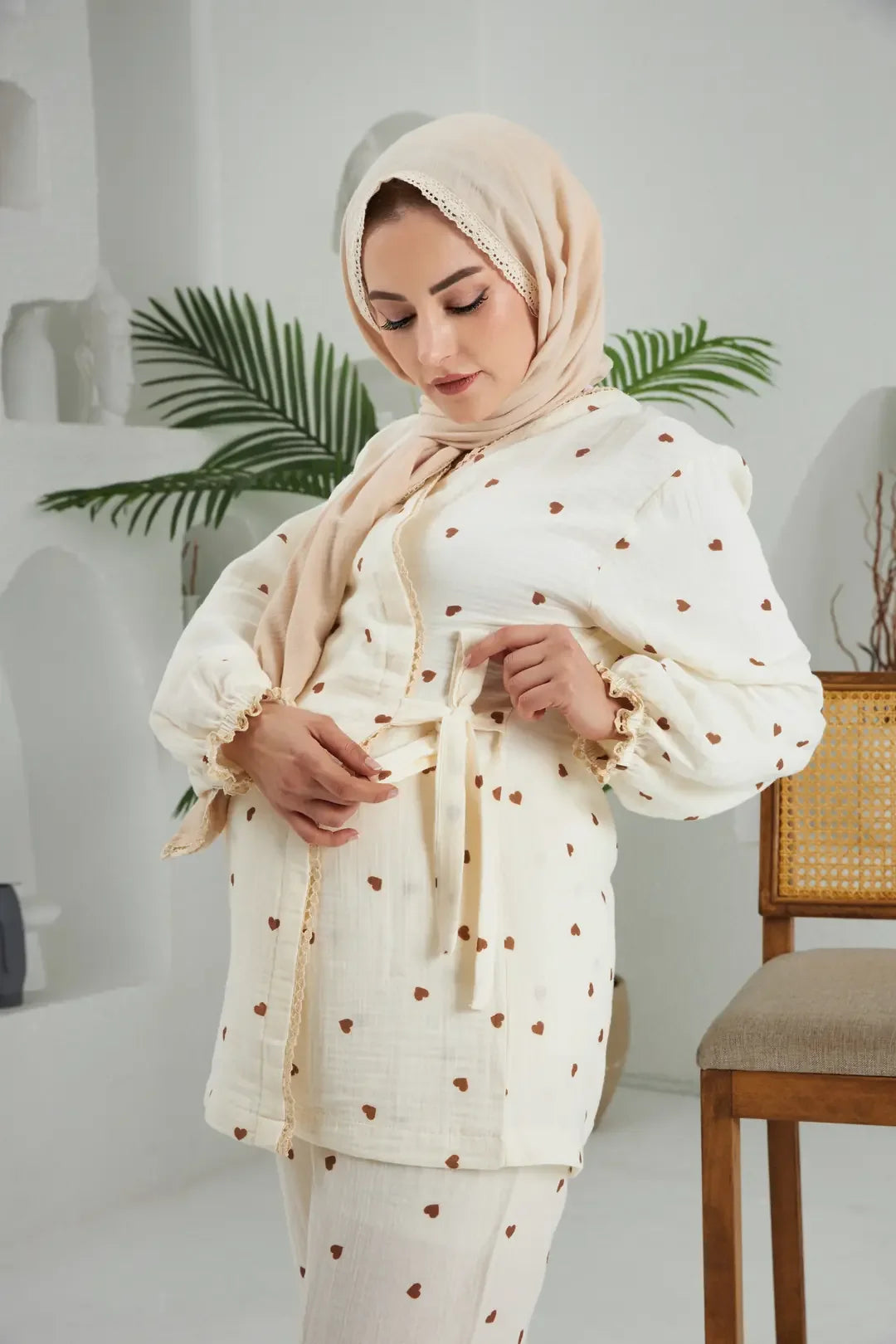 Lohusa Takımı | Alt Üst Pijama Takımı | Kahverengi Kalp | Love Serisi
