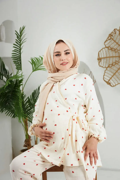 Lohusa Takımı | Alt Üst Pijama Takım | Kırmızı Kalp |Love Serisi