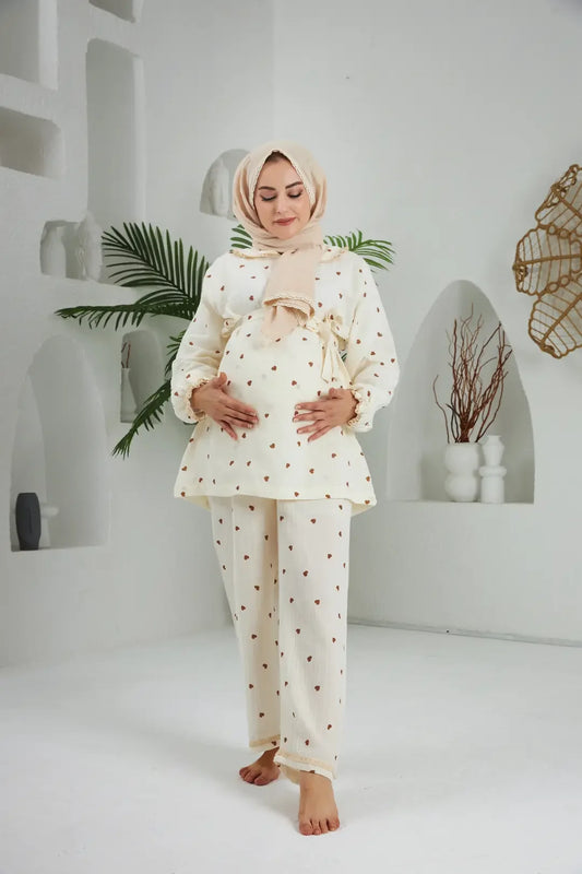 Bebe Yaka Pijama Takımı | Lohusa Takımı | Kahverengi Kalp | Love Serisi