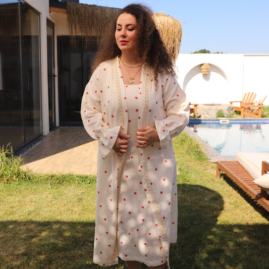 Kırmızı pamuklu kısa kollu lohusa gecelik ve uzun kollu kruvaze sabahlık takımı