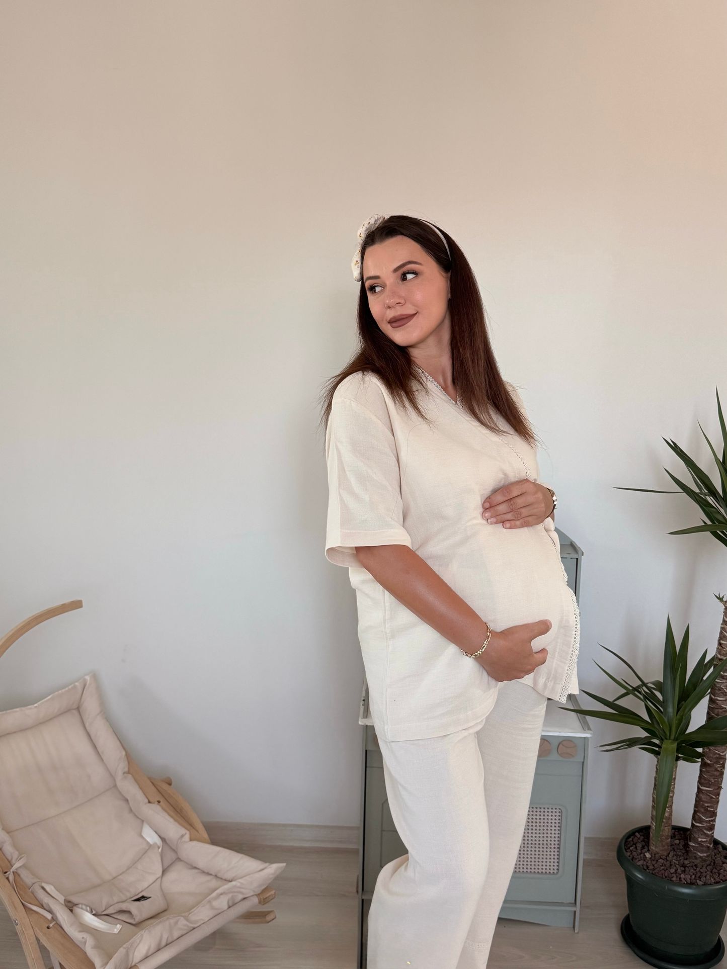 Vintage Kruvaze Bej Pijama Takım