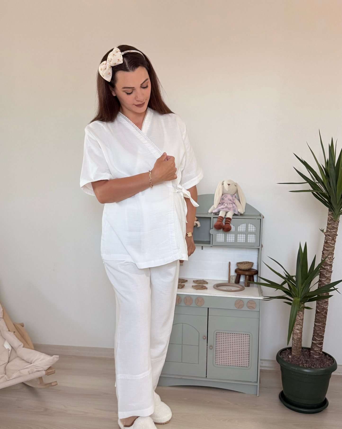 Vintage Kruvaze Ekru Pijama Takım