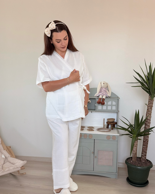 Vintage Kruvaze Ekru Pijama Takım