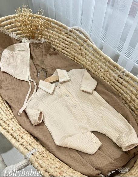 Organik Müslin Bebek Tulum | 2'li Set | Krem | Yenidoğan Giyim