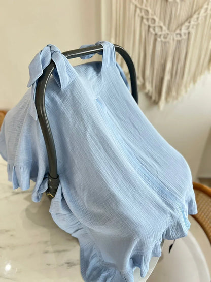 Bebe mavisi renkli, %100 pamuk çift katlı müslin puset örtüsü.